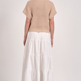 Tan Sweater Knit Midi Tank  Dress w/ Tiered Cotton Skirt by Elan - Tan White Combo