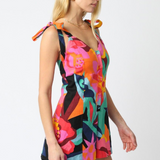 Linen Tie Strap Romper With Abstract Floral - Pink Multi