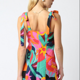 Linen Tie Strap Romper With Abstract Floral - Pink Multi