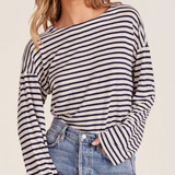Drop Shoulder Boat Neck Top by Bobi - Navy White Stripe