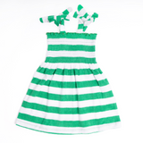 Girls Terry Cloth Dress With Tie Straps - Green Stripe
