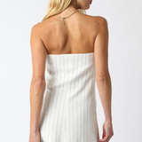 White Pinstripe Strapless Mini Dress With Button Front