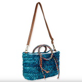 Corn Husk Small Tote with Colorful Circle Handle and Faux Leather Strap  - Blue