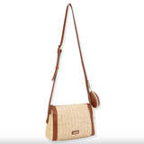 Straw Crossbody Purse with Mini Pouch and Faux Leather Strap  - Natural Straw