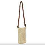 Crochet Paper Straw Crossbody Purse with Faux Leather  Strap - Natural Straw / Brown