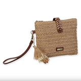 Straw Clutch Purse w/  Tassel & Faux Leather Foldover Close and Strap - Tan Straw / Brown