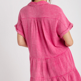 Tiered V Neck Gauze Dress w/ Collar - Hot Pink
