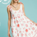 Abstract Seashell Print Tiered Midi Dress w/ Tie Straps - Red / White