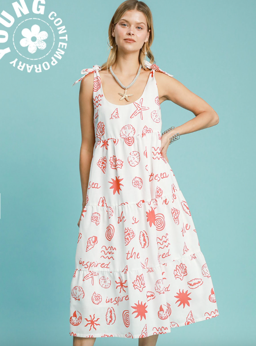 Abstract Seashell Print Tiered Midi Dress w/ Tie Straps - Red / White