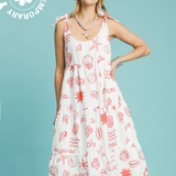 Abstract Seashell Print Tiered Midi Dress w/ Tie Straps - Red / White