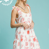 Abstract Seashell Print Tiered Midi Dress w/ Tie Straps - Red / White