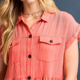 Short Sleeve Button Up Collared Dress w/ Raw Hem - Coral Pink