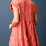 Short Sleeve Button Up Collared Dress w/ Raw Hem - Coral Pink