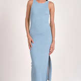 Fitted Midi Knit Dress With Twist Back by Elan - Blue