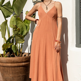 Pinstripe Maxi Dress w/ Tie Back - Terracotta/ White Linen Stripe