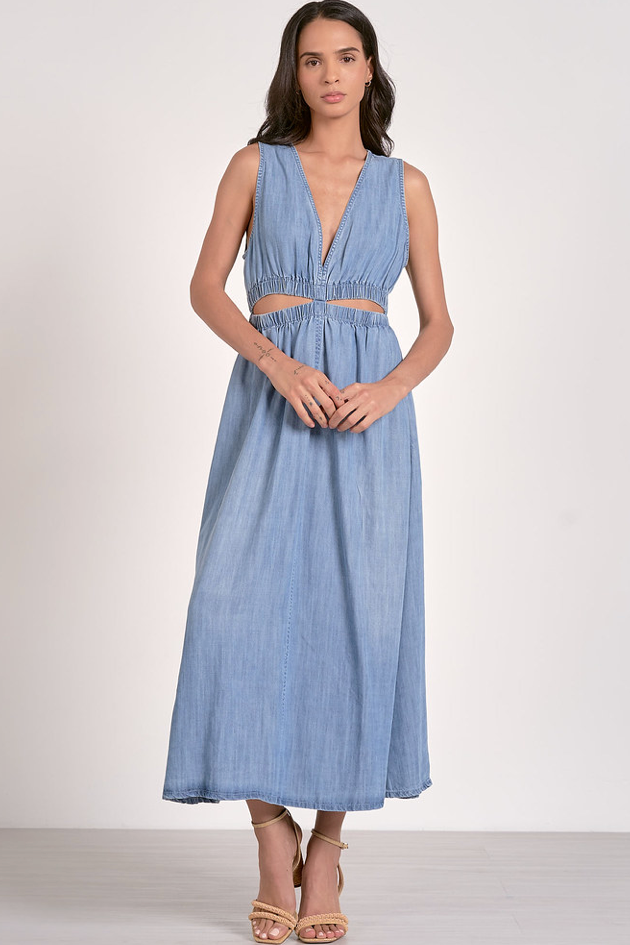 Lightweight Denim Midi Dress With Cutouts At Waist by Elan - Medium Blue Denim