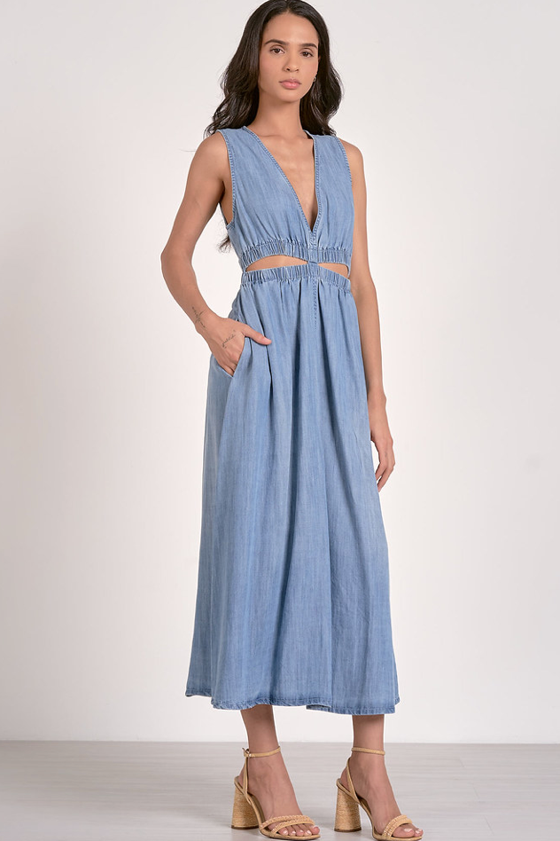 Lightweight Denim Midi Dress With Cutouts At Waist by Elan - Medium Blue Denim