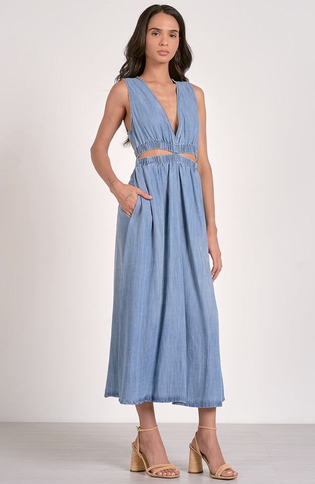 Lightweight Denim Midi Dress With Cutouts At Waist by Elan - Medium Blue Denim Lightweight Denim Midi Dress With Cutouts At Waist by Elan - Medium Blue Denim