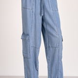 Lightweight Denim Cargo Pants by Elan - Medium Blue