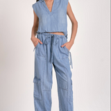 Lightweight Denim Cargo Pants by Elan - Medium Blue