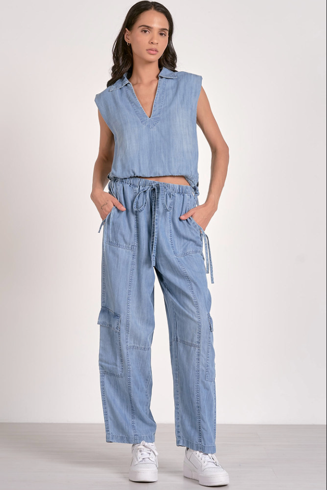 Lightweight Denim Cargo Pants by Elan - Medium Blue