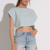Short Sleeve Linen Crop Shirt by Elan - Light Teal