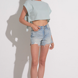 Short Sleeve Linen Crop Shirt by Elan - Light Teal