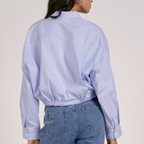 Striped Button Down Collared Shirt With Tie Waist by Elan - Blue / White