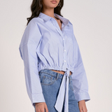 Striped Button Down Collared Shirt With Tie Waist by Elan - Blue / White