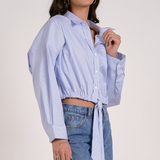 Striped Button Down Collared Shirt With Tie Waist by Elan - Blue / White
