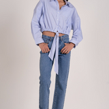 Striped Button Down Collared Shirt With Tie Waist by Elan - Blue / White