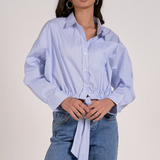 Striped Button Down Collared Shirt With Tie Waist by Elan - Blue / White