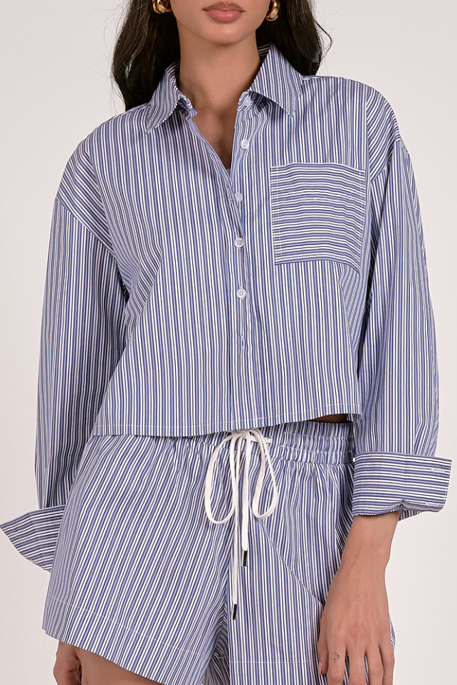 Striped Button Down Cropped Collared Shirt by Elan - Blue / White