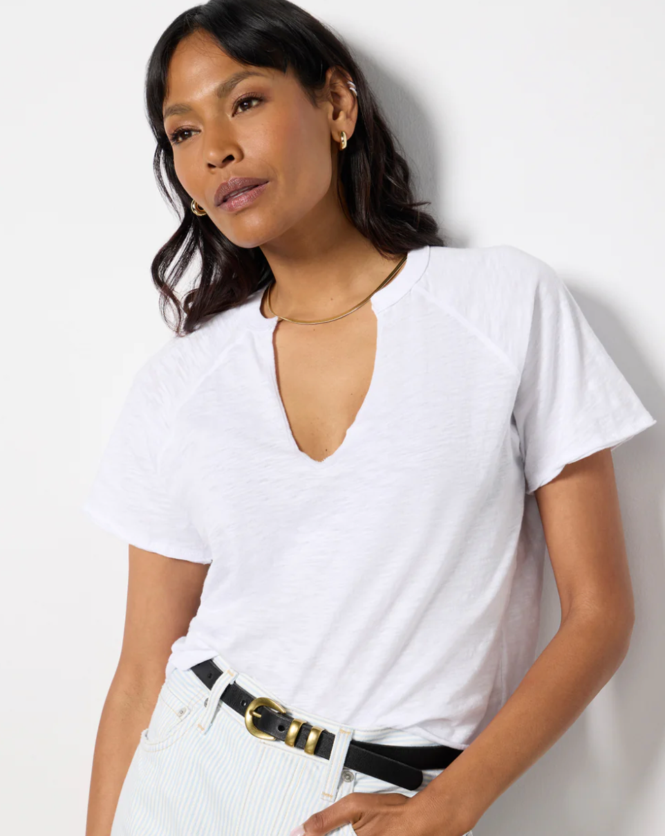 Split Neck Short Sleeve Raglan Tee- White By Bobi