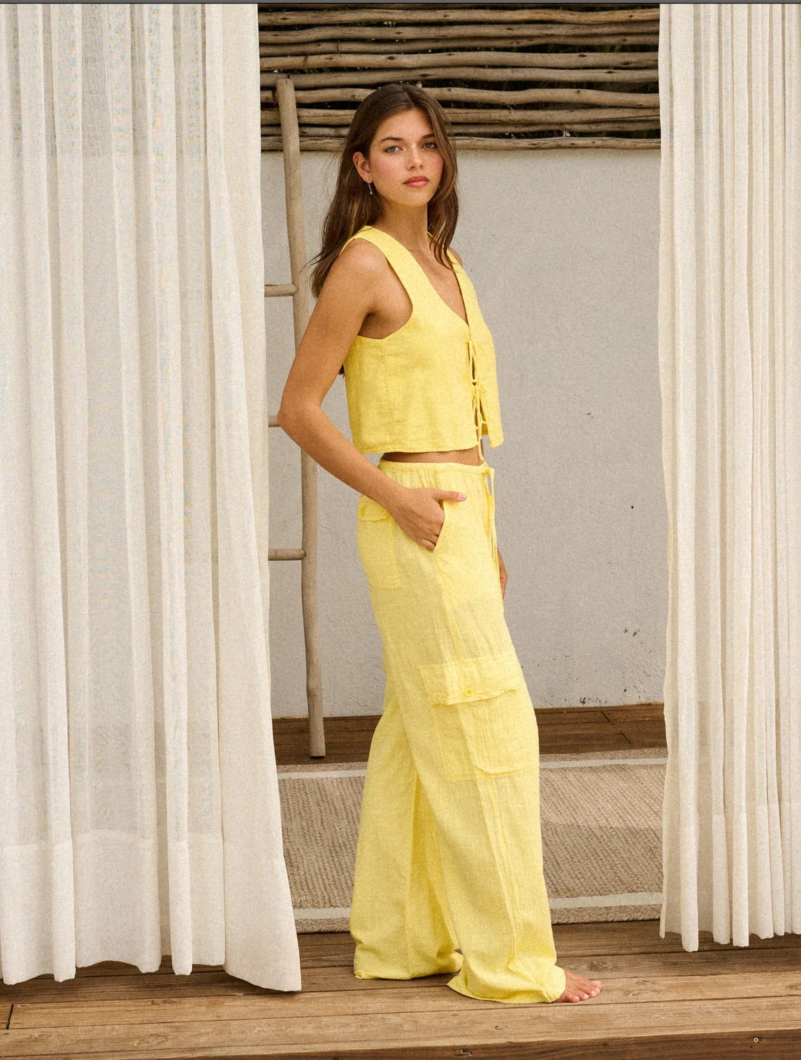 Oversized Cotton Cargo Pants - Lemon Yellow