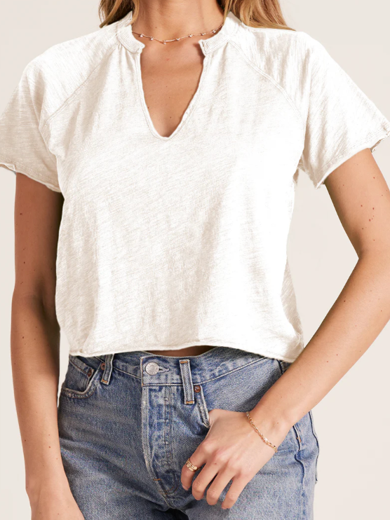 Split Neck Short Sleeve Raglan Tee- Cream By Bobi