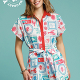 Resort Print Romper With Contrast Trim - Red Print
