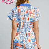 Resort Print Romper With Contrast Trim - Blue Print