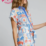 Resort Print Romper With Contrast Trim - Blue Print