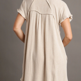 Oatmeal Linen Short Sleeve Dress w/ Raw Edges, Hi Lo Hem & Pockets