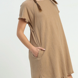 Latte Linen Short Sleeve Dress w/ Raw Edges, Hi Lo Hem & Pockets