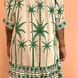 Palm Tree Border Print Dress With 3/4 Sleeve - Green & Tan