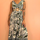 Take Me Away O Ring Cutout Midi Dress- Green Palm Print