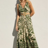 Take Me Away O Ring Cutout Midi Dress- Green Palm Print