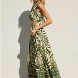 Take Me Away O Ring Cutout Midi Dress- Green Palm Print