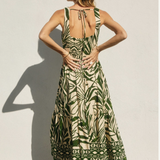 Take Me Away O Ring Cutout Midi Dress- Green Palm Print