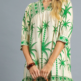 Palm Tree Border Print Dress With 3/4 Sleeve - Green & Tan
