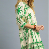 Palm Tree Border Print Dress With 3/4 Sleeve - Green & Tan