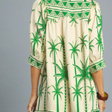 Palm Tree Border Print Dress With 3/4 Sleeve - Green & Tan