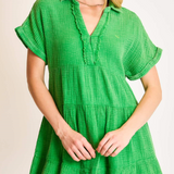 Tiered V Neck Gauze Dress w/ Collar - Kelly Green